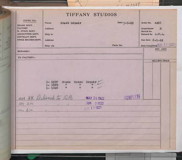 Tiffany Studios Lamp Department Ledger Book, Tiffany Studios (1902–32), pencil and ink on paper, American