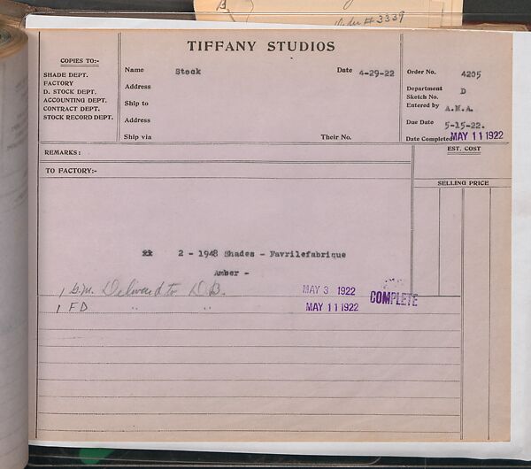 Tiffany Studios Lamp Department Ledger Book, Tiffany Studios (1902–32), pencil and ink on paper, American