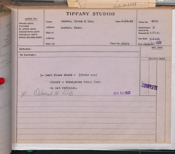 Tiffany Studios Lamp Department Ledger Book, Tiffany Studios (1902–32), pencil and ink on paper, American