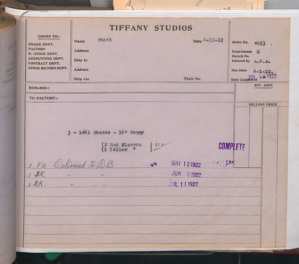 Tiffany Studios Lamp Department Ledger Book, Tiffany Studios (1902–32), pencil and ink on paper, American