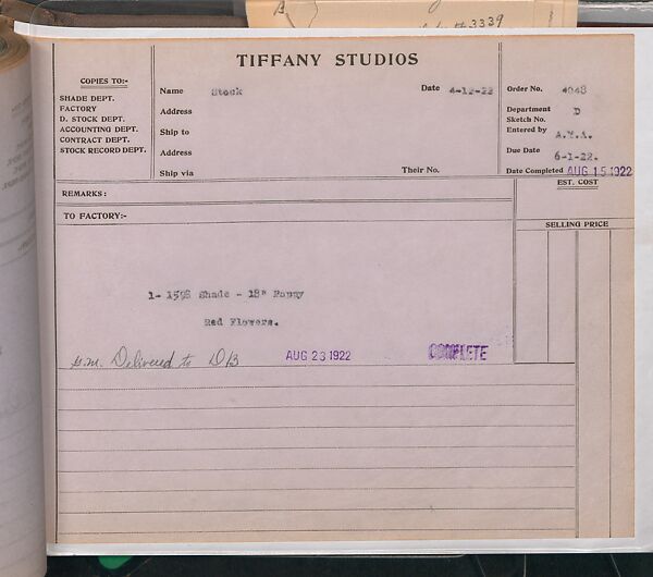 Tiffany Studios Lamp Department Ledger Book, Tiffany Studios (1902–32), pencil and ink on paper, American