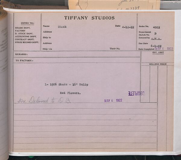 Tiffany Studios Lamp Department Ledger Book, Tiffany Studios (1902–32), pencil and ink on paper, American