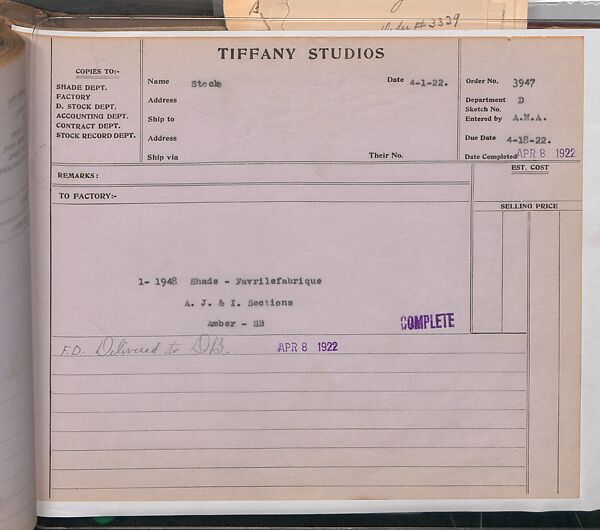 Tiffany Studios Lamp Department Ledger Book, Tiffany Studios (1902–32), pencil and ink on paper, American