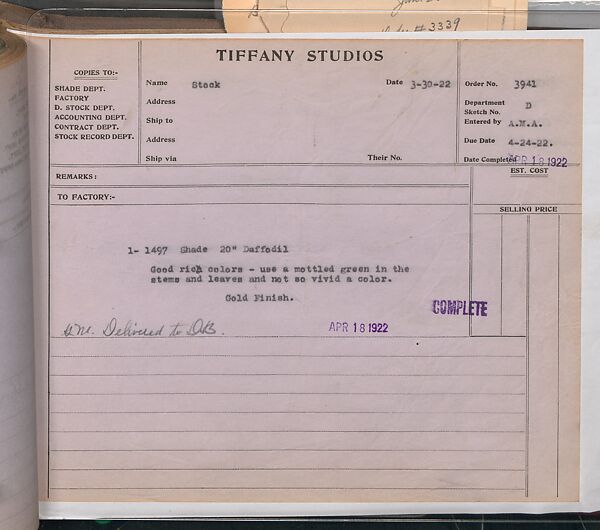 Tiffany Studios Lamp Department Ledger Book, Tiffany Studios (1902–32), pencil and ink on paper, American