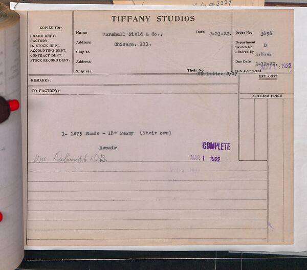Tiffany Studios Lamp Department Ledger Book, Tiffany Studios (1902–32), pencil and ink on paper, American