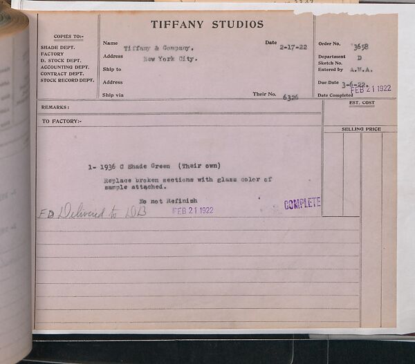 Tiffany Studios Lamp Department Ledger Book, Tiffany Studios (1902–32), pencil and ink on paper, American