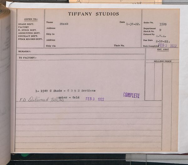 Tiffany Studios Lamp Department Ledger Book, Tiffany Studios (1902–32), pencil and ink on paper, American