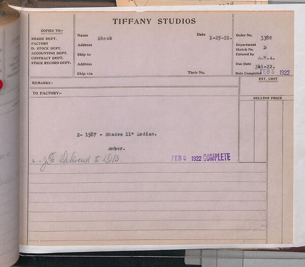 Tiffany Studios Lamp Department Ledger Book, Tiffany Studios (1902–32), pencil and ink on paper, American