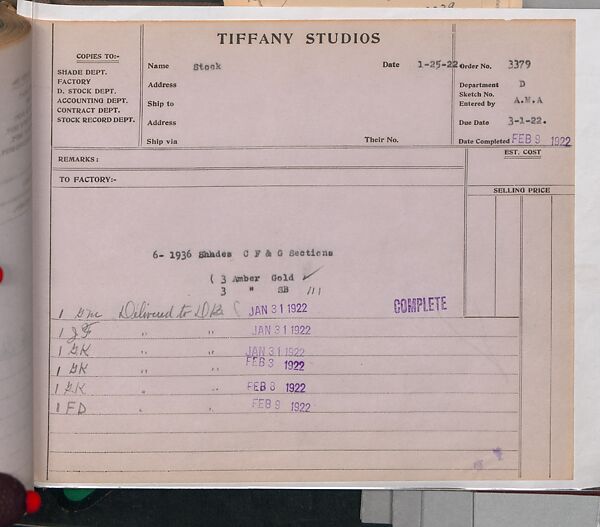 Tiffany Studios Lamp Department Ledger Book, Tiffany Studios (1902–32), pencil and ink on paper, American