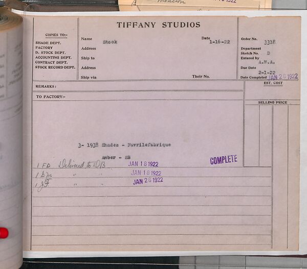 Tiffany Studios Lamp Department Ledger Book, Tiffany Studios (1902–32), pencil and ink on paper, American