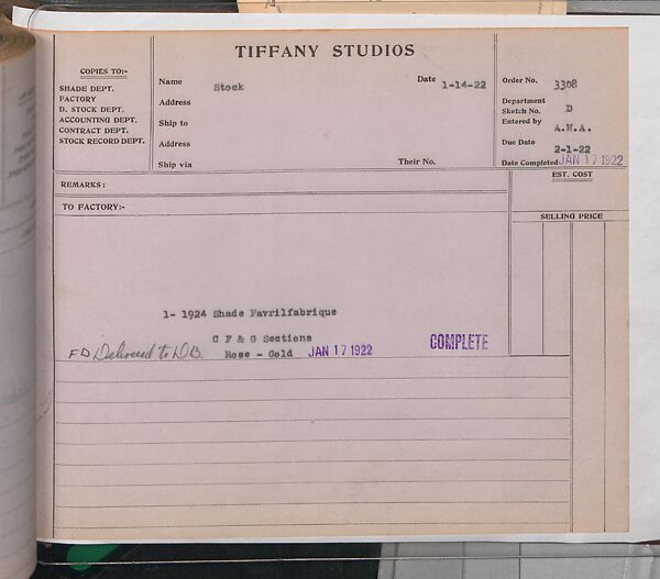 Tiffany Studios Lamp Department Ledger Book, Tiffany Studios (1902–32), pencil and ink on paper, American