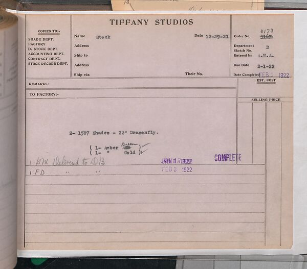 Tiffany Studios Lamp Department Ledger Book, Tiffany Studios (1902–32), pencil and ink on paper, American