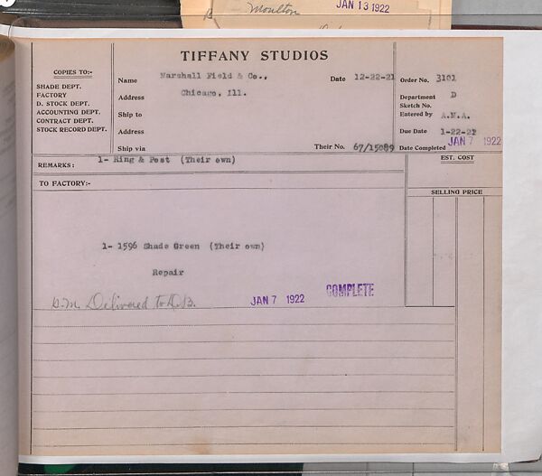 Tiffany Studios Lamp Department Ledger Book, Tiffany Studios (1902–32), pencil and ink on paper, American
