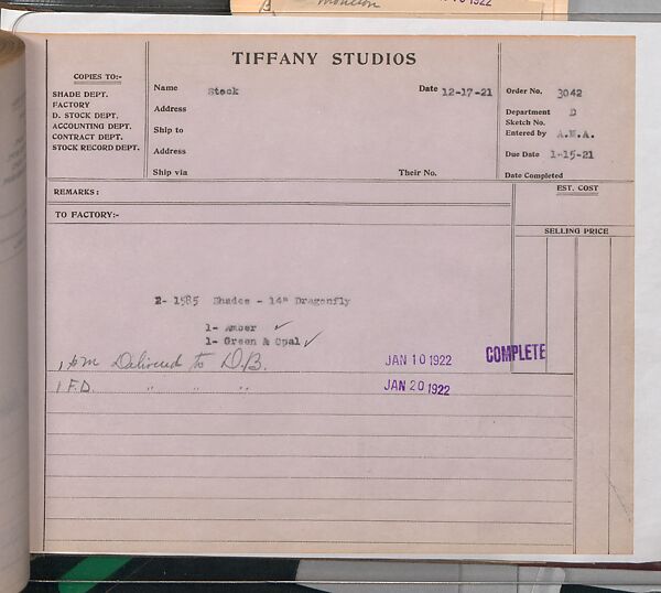 Tiffany Studios Lamp Department Ledger Book, Tiffany Studios (1902–32), pencil and ink on paper, American