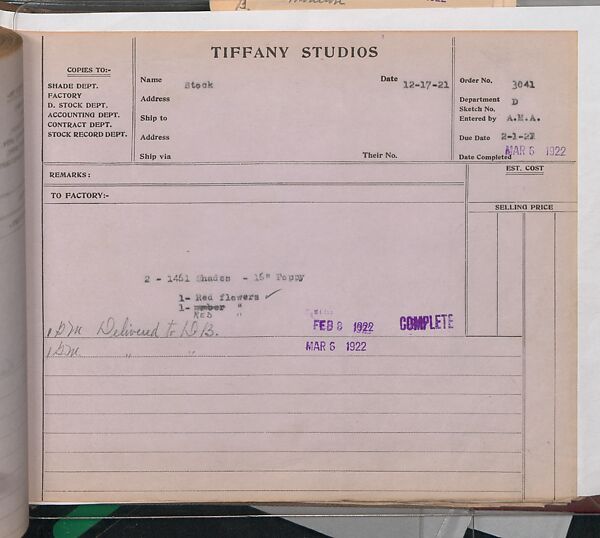 Tiffany Studios Lamp Department Ledger Book, Tiffany Studios (1902–32), pencil and ink on paper, American