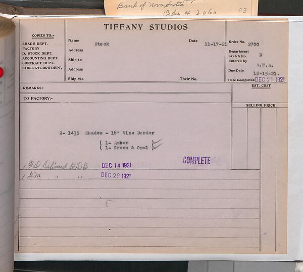 Tiffany Studios Lamp Department Ledger Book, Tiffany Studios (1902–32), pencil and ink on paper, American