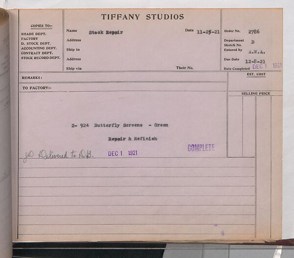 Tiffany Studios Lamp Department Ledger Book, Tiffany Studios (1902–32), pencil and ink on paper, American
