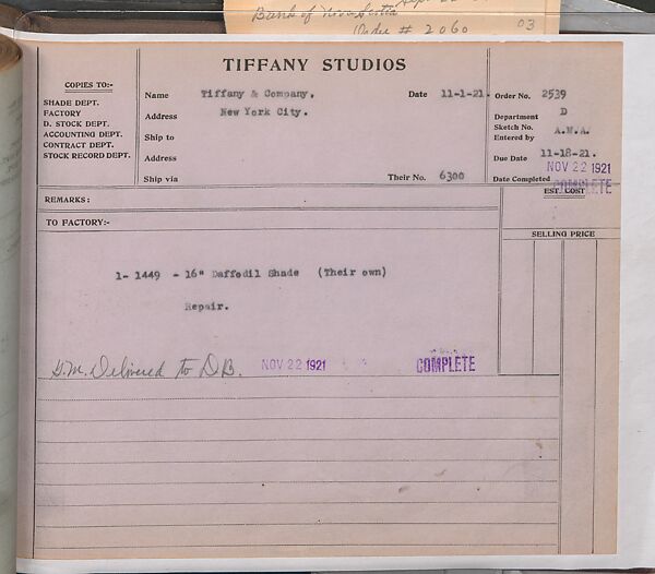 Tiffany Studios Lamp Department Ledger Book, Tiffany Studios (1902–32), pencil and ink on paper, American