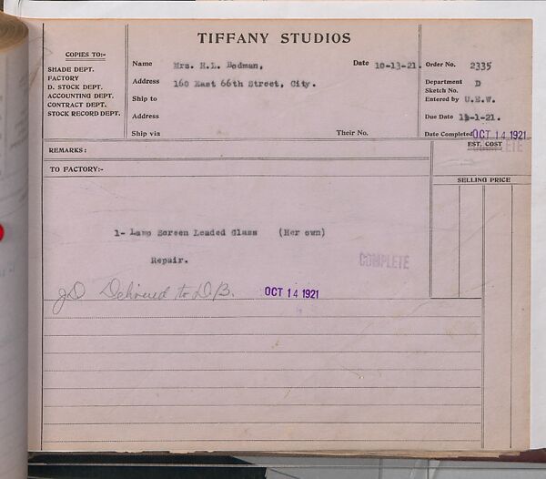 Tiffany Studios Lamp Department Ledger Book, Tiffany Studios (1902–32), pencil and ink on paper, American