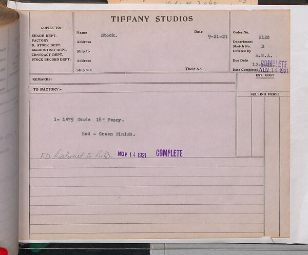 Tiffany Studios Lamp Department Ledger Book, Tiffany Studios (1902–32), pencil and ink on paper, American