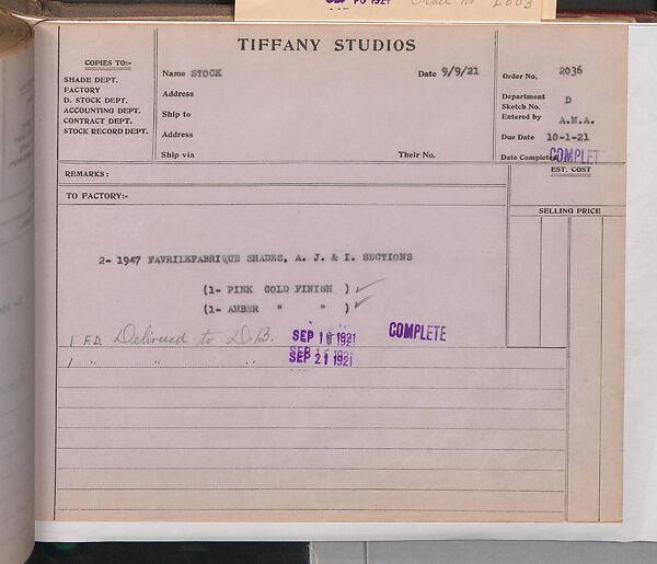 Tiffany Studios Lamp Department Ledger Book, Tiffany Studios (1902–32), pencil and ink on paper, American