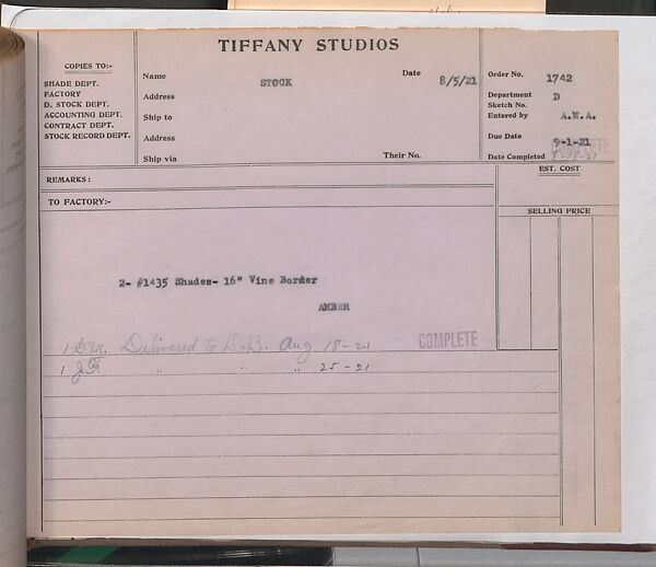 Tiffany Studios Lamp Department Ledger Book, Tiffany Studios (1902–32), pencil and ink on paper, American