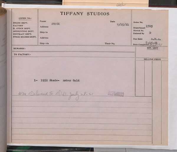Tiffany Studios Lamp Department Ledger Book, Tiffany Studios (1902–32), pencil and ink on paper, American