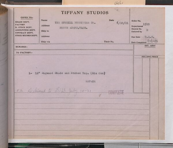 Tiffany Studios Lamp Department Ledger Book, Tiffany Studios (1902–32), pencil and ink on paper, American