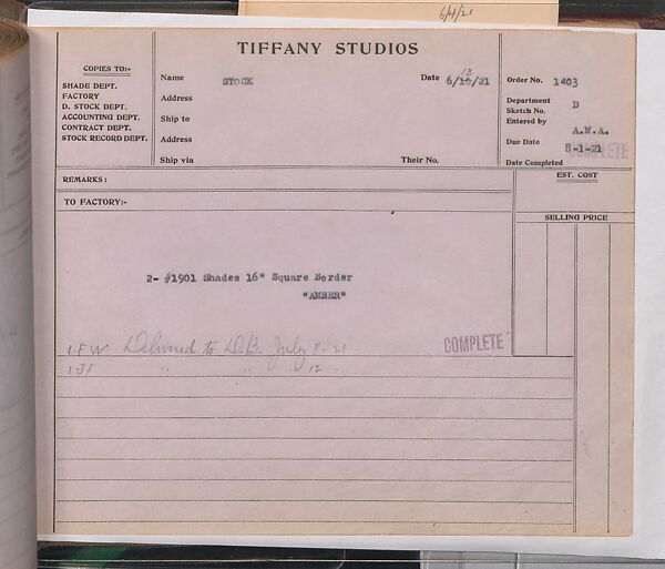 Tiffany Studios Lamp Department Ledger Book, Tiffany Studios (1902–32), pencil and ink on paper, American