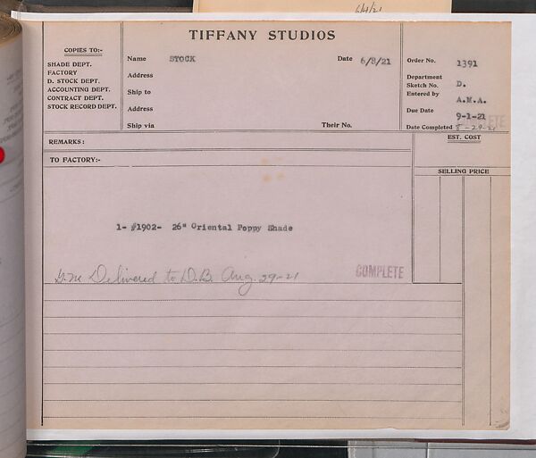 Tiffany Studios Lamp Department Ledger Book, Tiffany Studios (1902–32), pencil and ink on paper, American