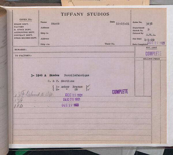 Tiffany Studios Lamp Department Ledger Book, Tiffany Studios (1902–32), pencil and ink on paper, American