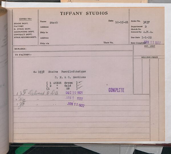 Tiffany Studios Lamp Department Ledger Book, Tiffany Studios (1902–32), pencil and ink on paper, American