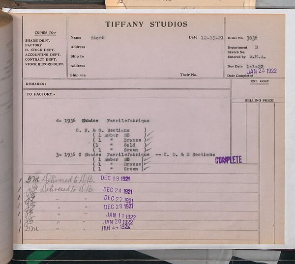 Tiffany Studios Lamp Department Ledger Book, Tiffany Studios (1902–32), pencil and ink on paper, American
