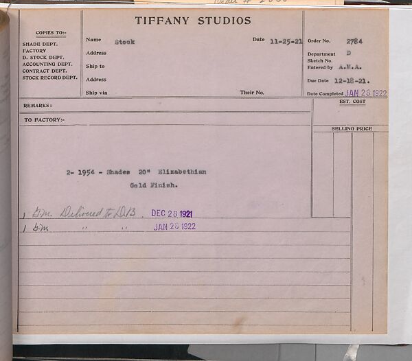 Tiffany Studios Lamp Department Ledger Book, Tiffany Studios (1902–32), pencil and ink on paper, American