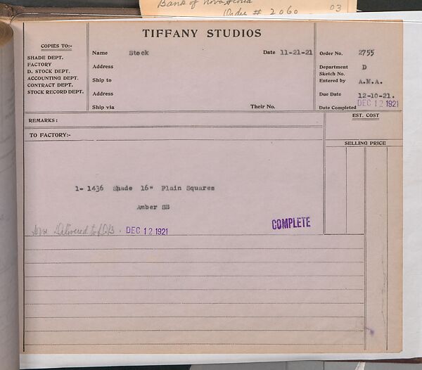 Tiffany Studios Lamp Department Ledger Book, Tiffany Studios (1902–32), pencil and ink on paper, American