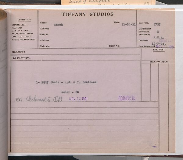 Tiffany Studios Lamp Department Ledger Book, Tiffany Studios (1902–32), pencil and ink on paper, American