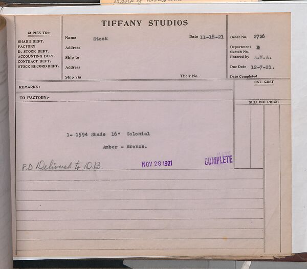 Tiffany Studios Lamp Department Ledger Book, Tiffany Studios (1902–32), pencil and ink on paper, American
