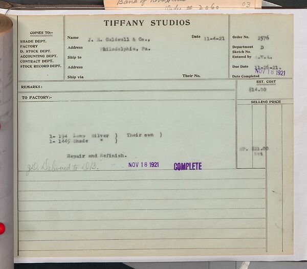 Tiffany Studios Lamp Department Ledger Book, Tiffany Studios (1902–32), pencil and ink on paper, American