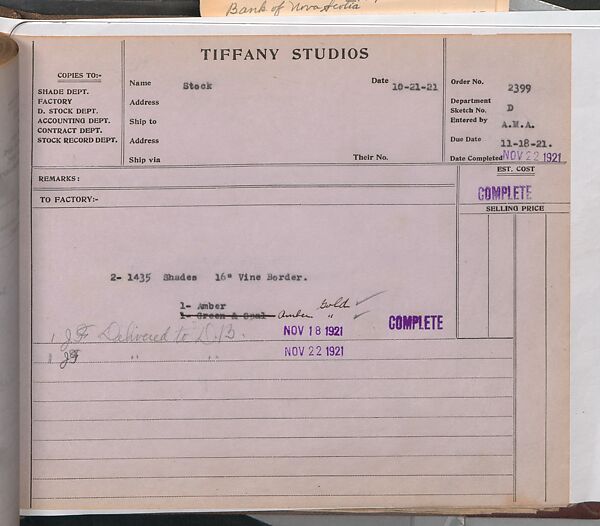 Tiffany Studios Lamp Department Ledger Book, Tiffany Studios (1902–32), pencil and ink on paper, American