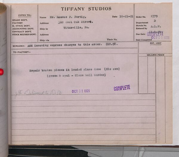 Tiffany Studios Lamp Department Ledger Book, Tiffany Studios (1902–32), pencil and ink on paper, American