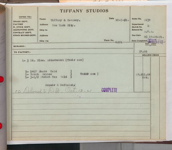 Tiffany Studios Lamp Department Ledger Book, Tiffany Studios (1902–32), pencil and ink on paper, American