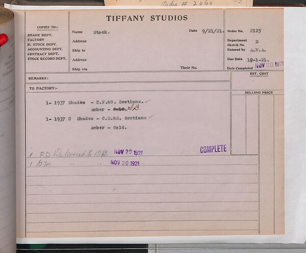 Tiffany Studios Lamp Department Ledger Book, Tiffany Studios (1902–32), pencil and ink on paper, American