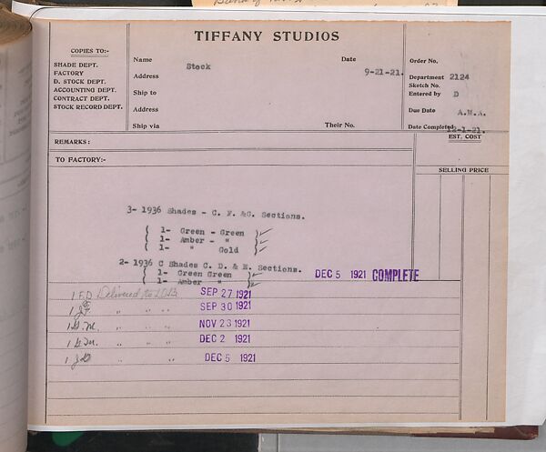Tiffany Studios Lamp Department Ledger Book, Tiffany Studios (1902–32), pencil and ink on paper, American