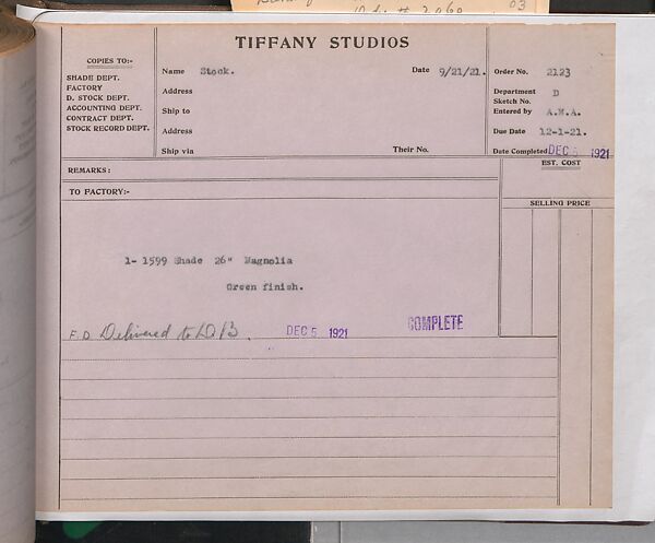 Tiffany Studios Lamp Department Ledger Book, Tiffany Studios (1902–32), pencil and ink on paper, American