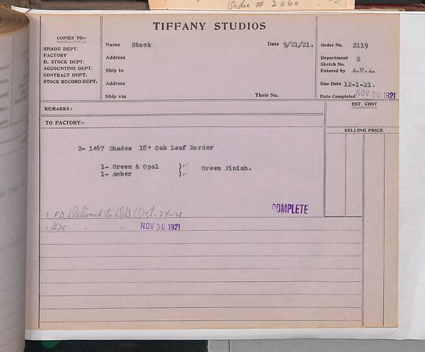 Tiffany Studios Lamp Department Ledger Book, Tiffany Studios (1902–32), pencil and ink on paper, American