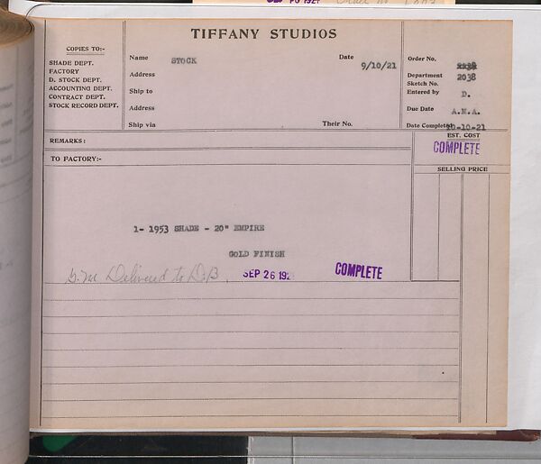 Tiffany Studios Lamp Department Ledger Book, Tiffany Studios (1902–32), pencil and ink on paper, American