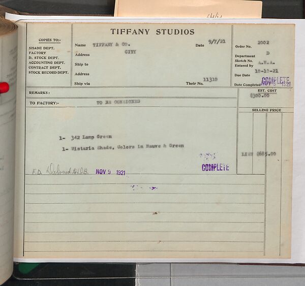 Tiffany Studios Lamp Department Ledger Book, Tiffany Studios (1902–32), pencil and ink on paper, American
