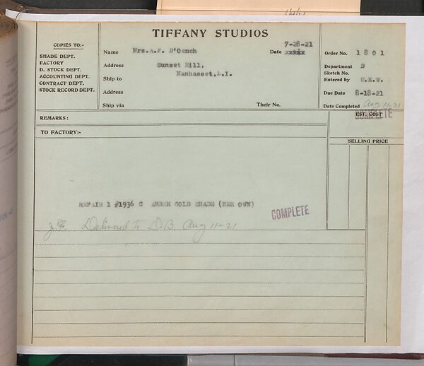 Tiffany Studios Lamp Department Ledger Book, Tiffany Studios (1902–32), pencil and ink on paper, American