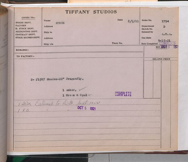 Tiffany Studios Lamp Department Ledger Book, Tiffany Studios (1902–32), pencil and ink on paper, American