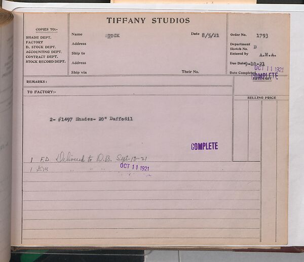 Tiffany Studios Lamp Department Ledger Book, Tiffany Studios (1902–32), pencil and ink on paper, American